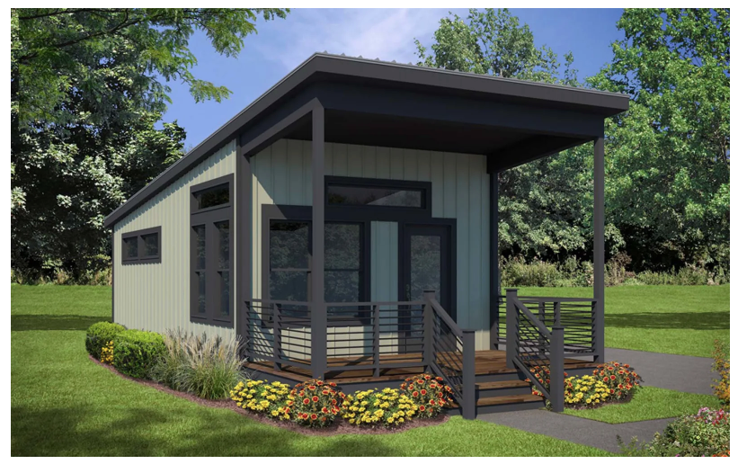 An artist 's impression of a small house with a porch.