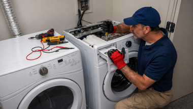 Technician in blue cap and red gloves repairing a front-load washer beside a dryer in a laundry room