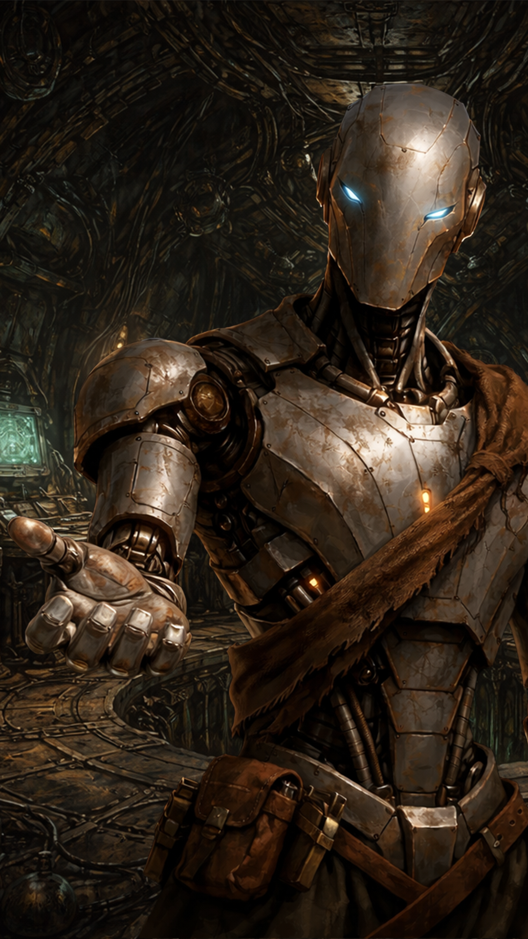 A metallic, humanoid robot with glowing blue eyes extends an open hand in a dark, textured, industrial setting - Ashes the Campaign