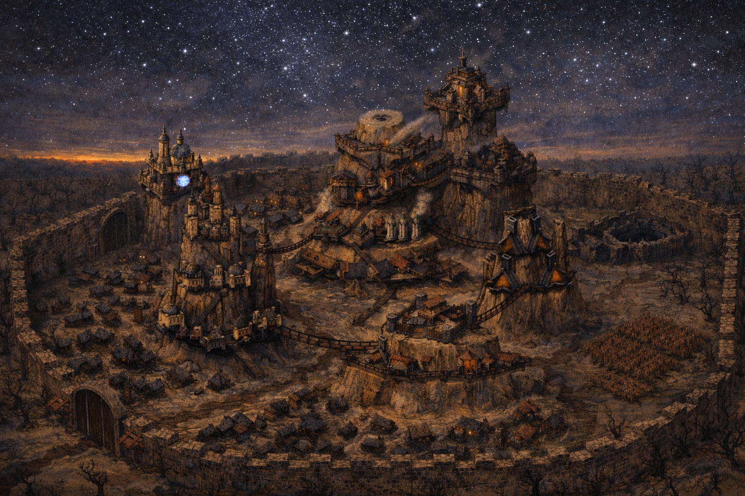 Arkon Polis,  stone fortress sits inside a walled compound under a starry night sky, with glowing lights emitting from the structures - Ashes the Campaign