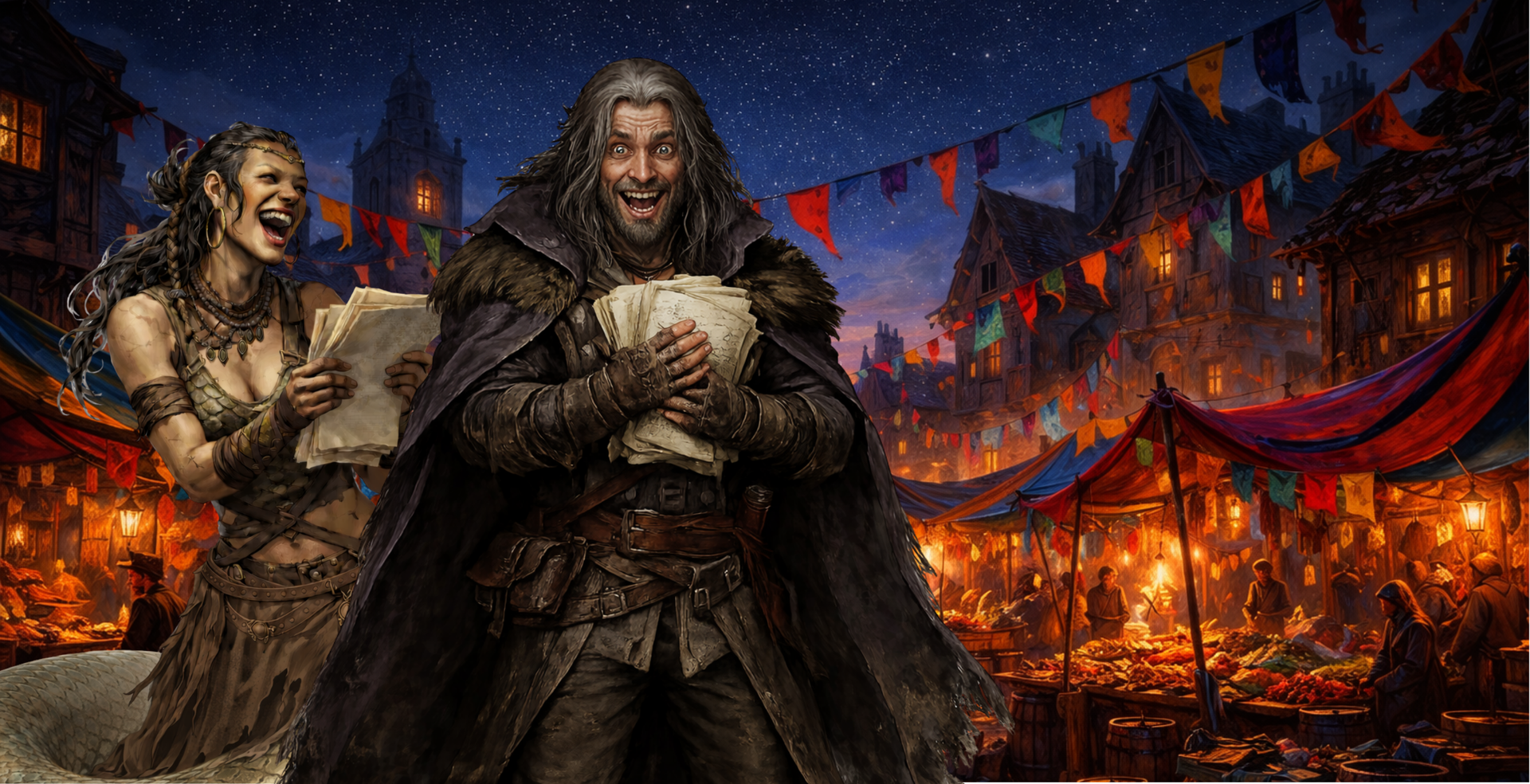 Balon & Mulga, two figures in fantasy garb clutch bundles of papers and laugh in a bustling, lantern-lit night market with colorful flags - Ashes the Campaign