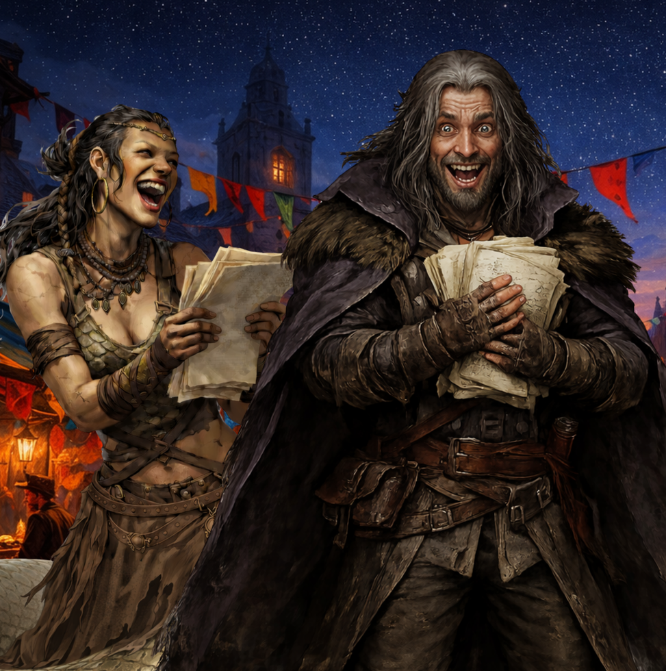 Balon & Mulga, two jubilant figures in rustic fantasy clothing hold stacks of paper in a town square decorated with festive banners - Ashes the Campaign