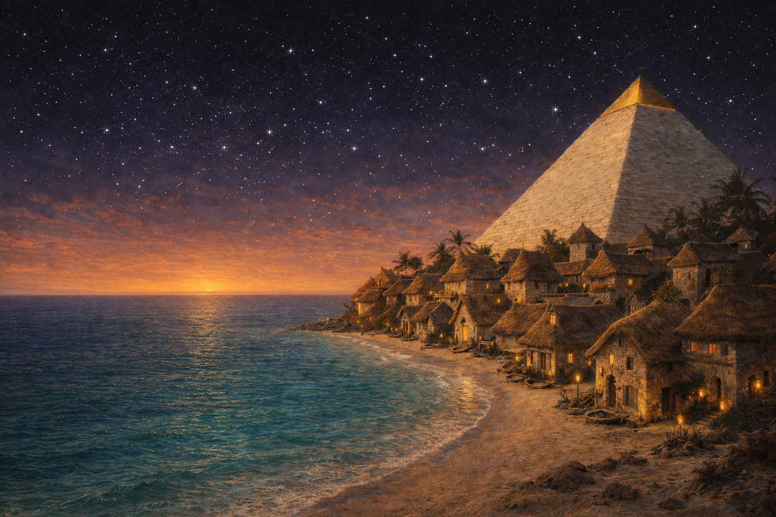 Chelona, a pyramid towers over a seaside village of rustic huts at sunset under a starry, twilight sky - Ashes the Campaign