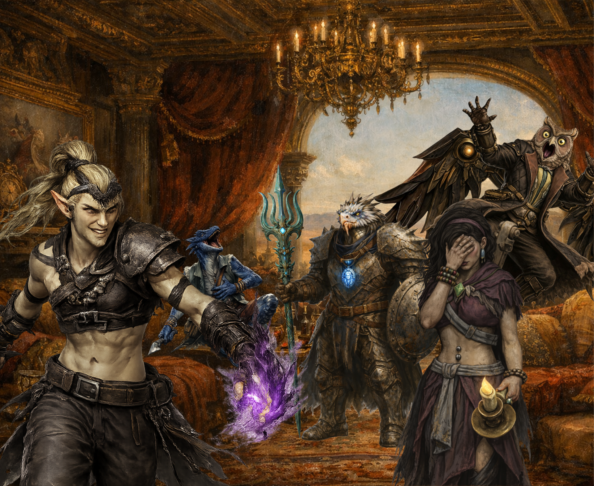 Fantasy characters in ornate armor and robes interact in a golden, candlelit ballroom, including one casting purple magic - Ashes the Campaign