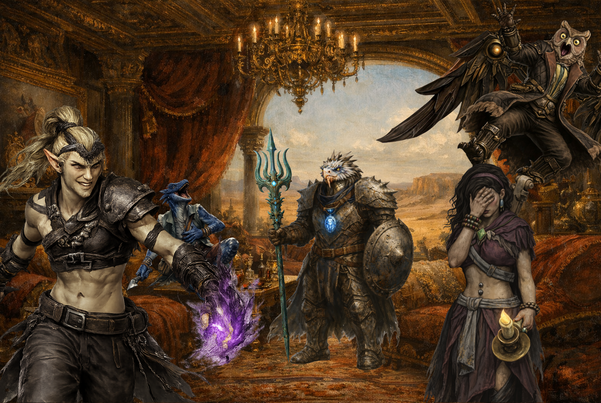 A fantasy scene with a magical elf, a trident-wielding armored warrior, a hooded figure, and a flying winged creature - Ashes the Campaign