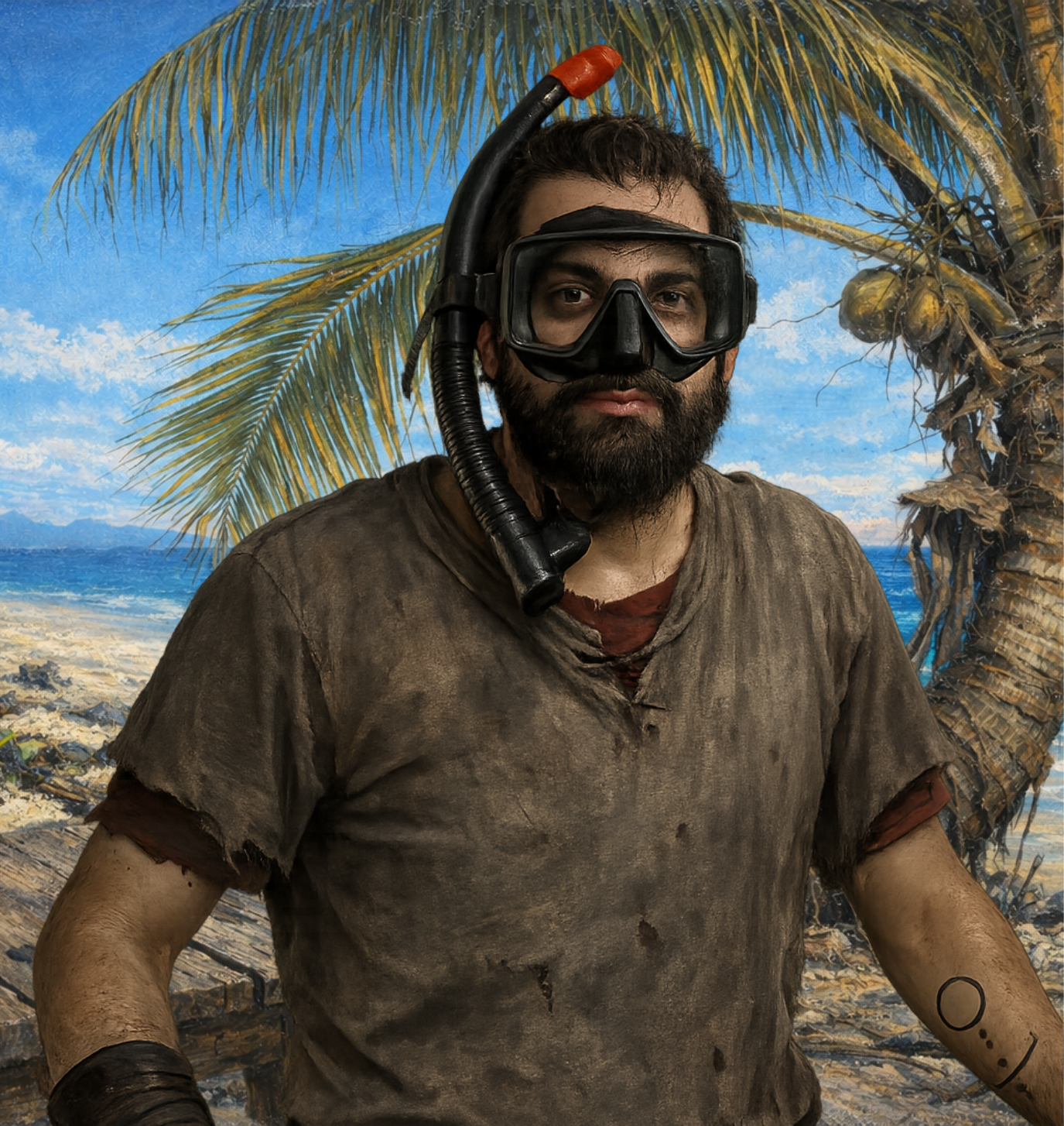The Dungeon Master, a bearded person wearing a snorkeling mask and a dirty brown t-shirt, posed in front of a tropical beach backdrop - Ashes the Campaign