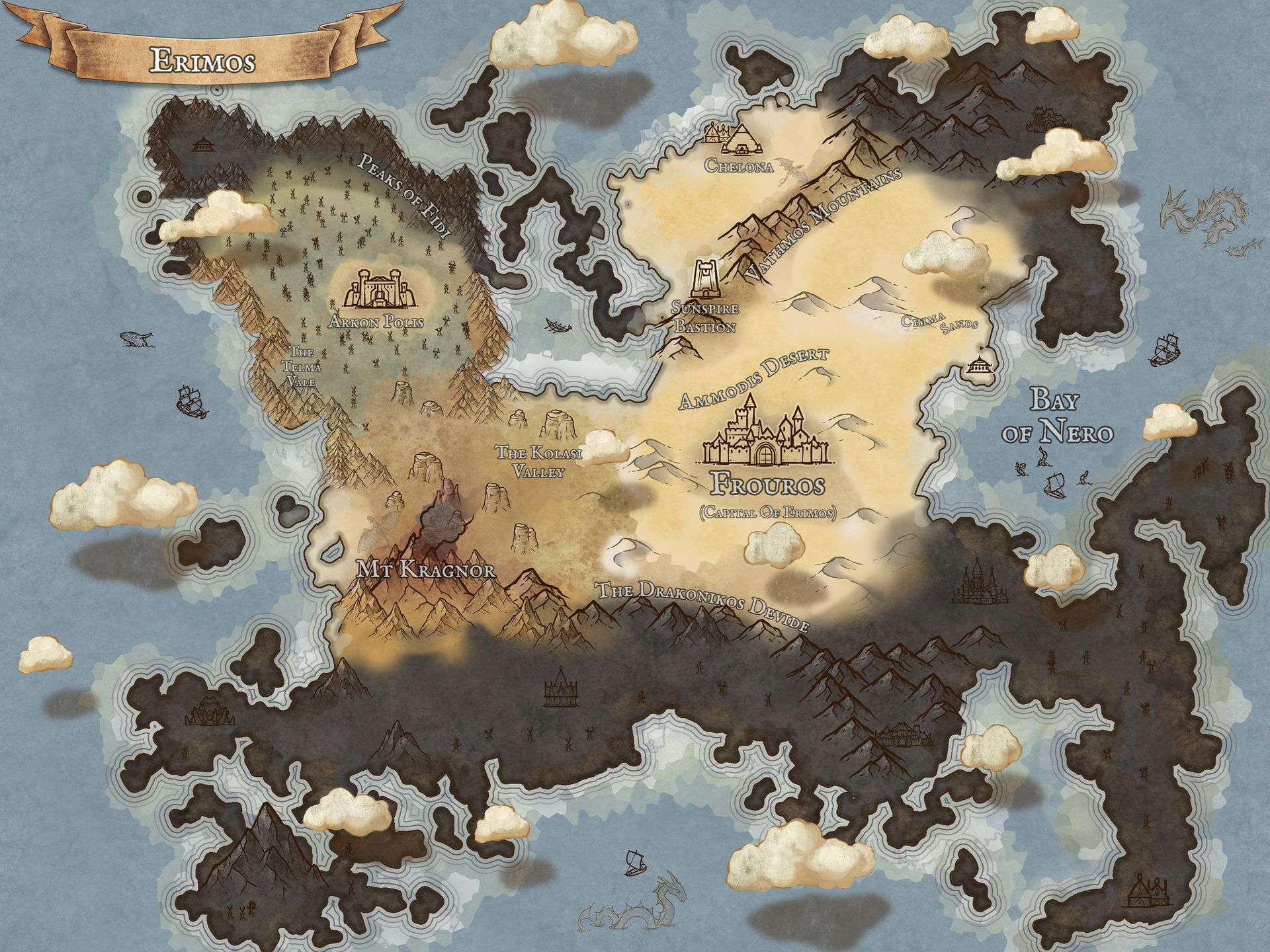 A fantasy map of the continent Erimos, showing diverse terrain, mountain ranges, and scattered clouds on a parchment base - Ashes the Campaign