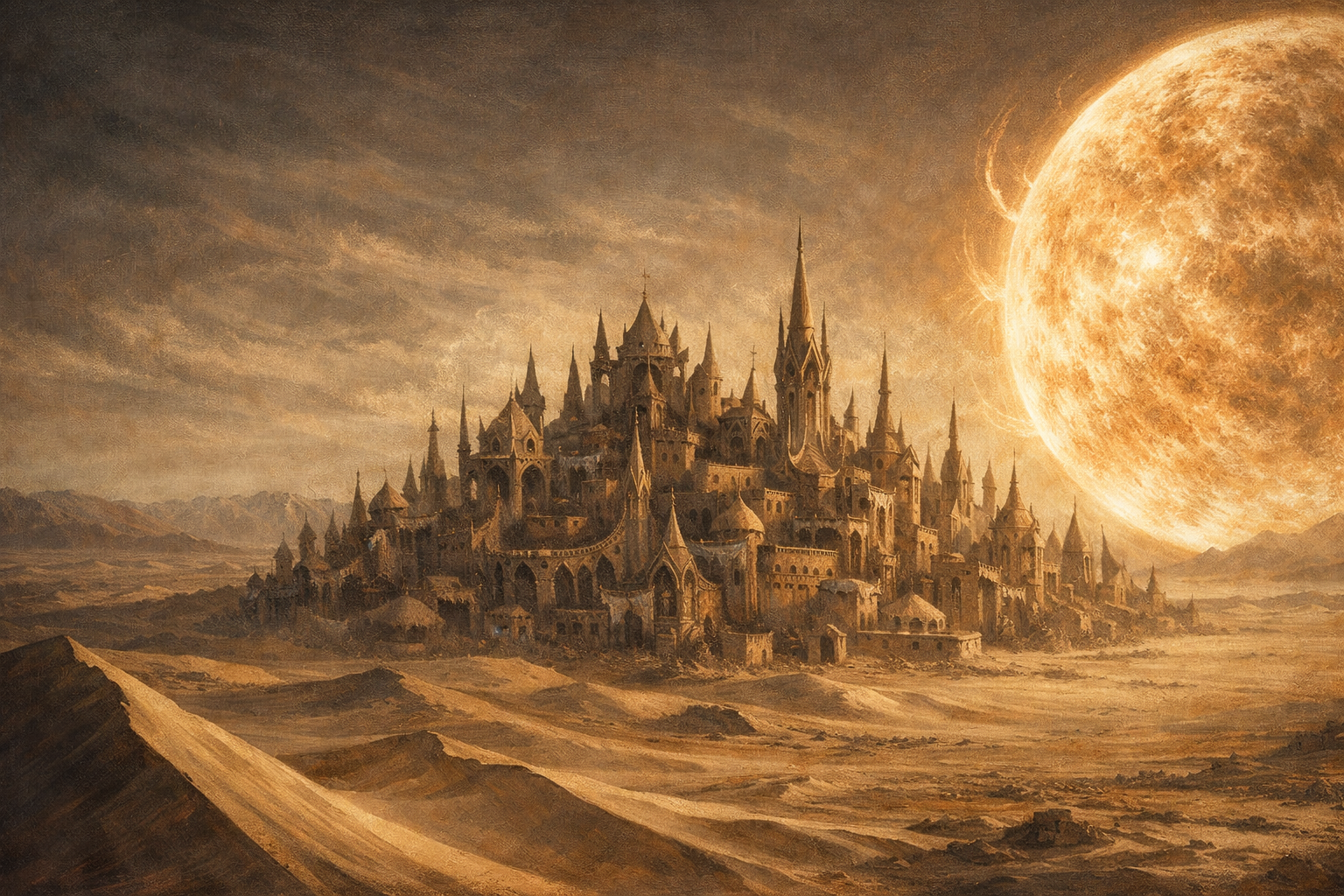 Frouros, a sprawling, golden-hued desert city with pointed spires under a massive, glowing celestial body in a hazy sky - Ashes the Campaign