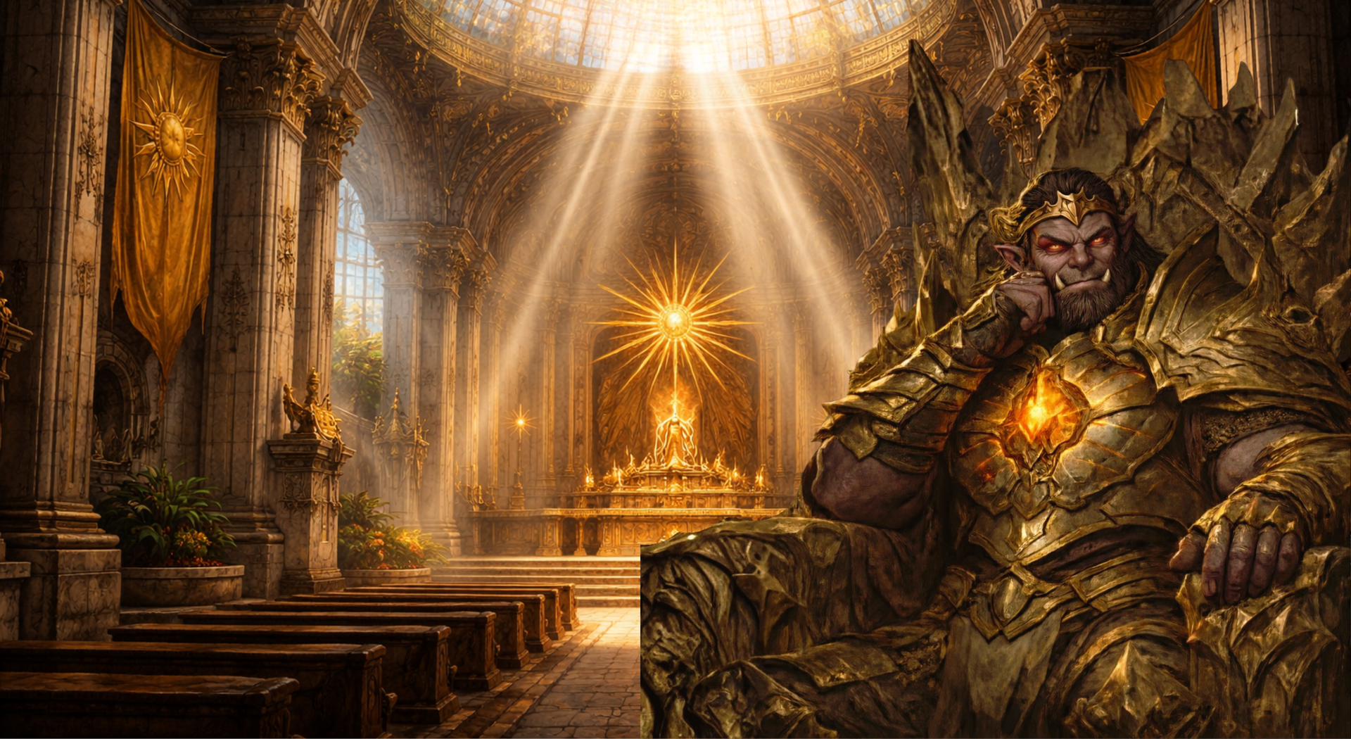 Grimgor Solhammer, a figure in ornate golden armor sits on a throne inside a sunlit, grand hall with vaulted ceilings and stone columns - Ashes the Campaign