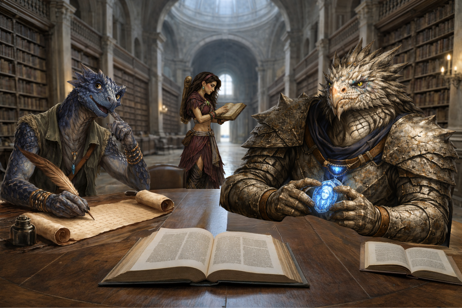 Zirik, Tohu and Celine. Two armored fantasy creatures and a person studying in a library; one creature writes, the other holds a glowing pendant - Ashes the Campaign