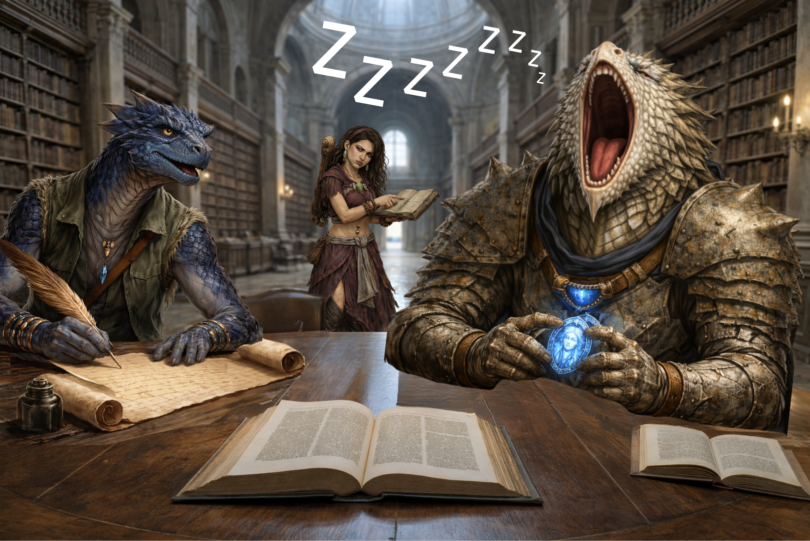 Zirik, Tohu and Celine, Two dragon-like creatures in a library; one writes at a table while the other yawns with  - Ashes the Campaign