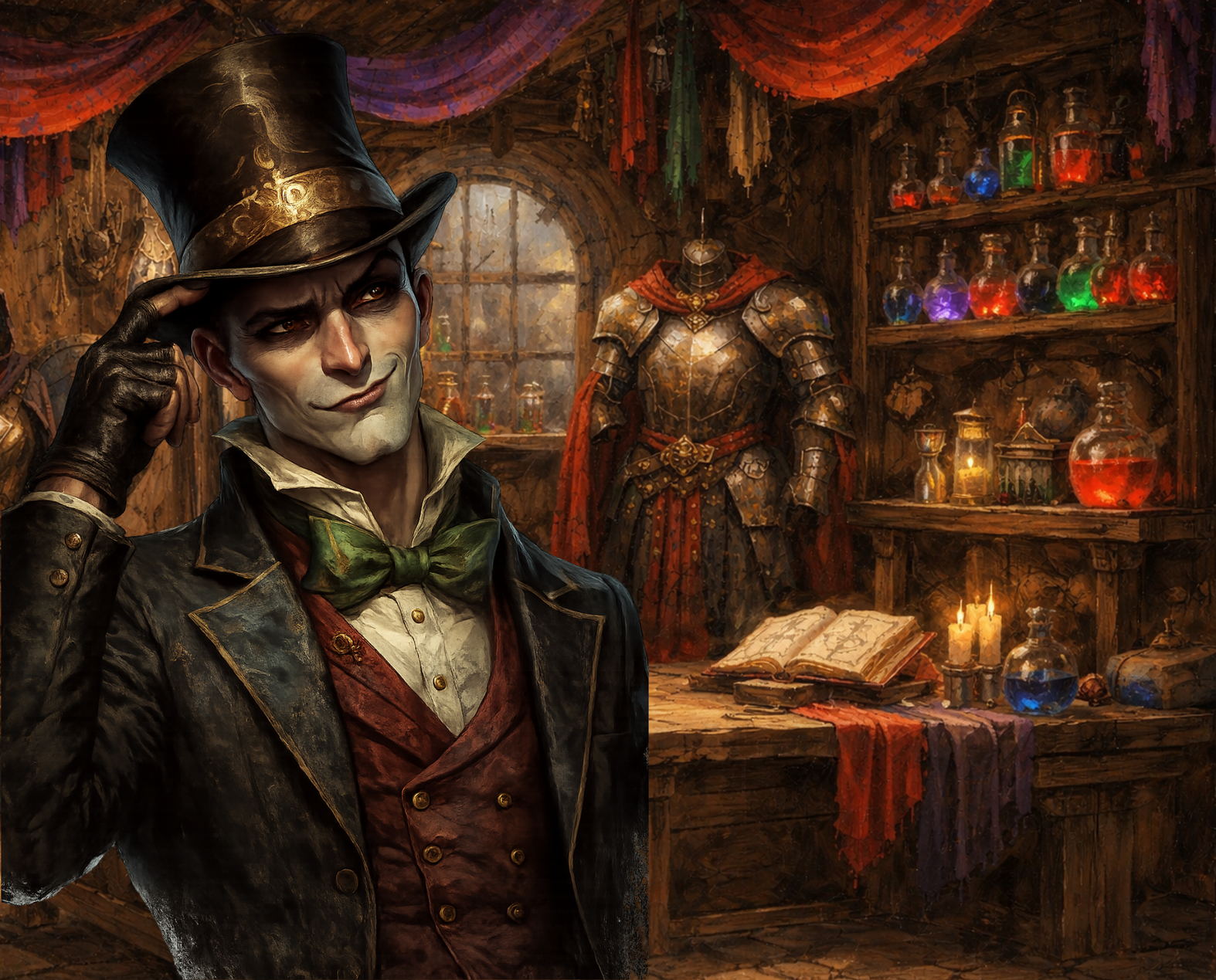 Mystic Marvin, a pale individual in a top hat and suit tips their hat in a dimly lit shop filled with glowing potions and armor - Ashes the Campaign