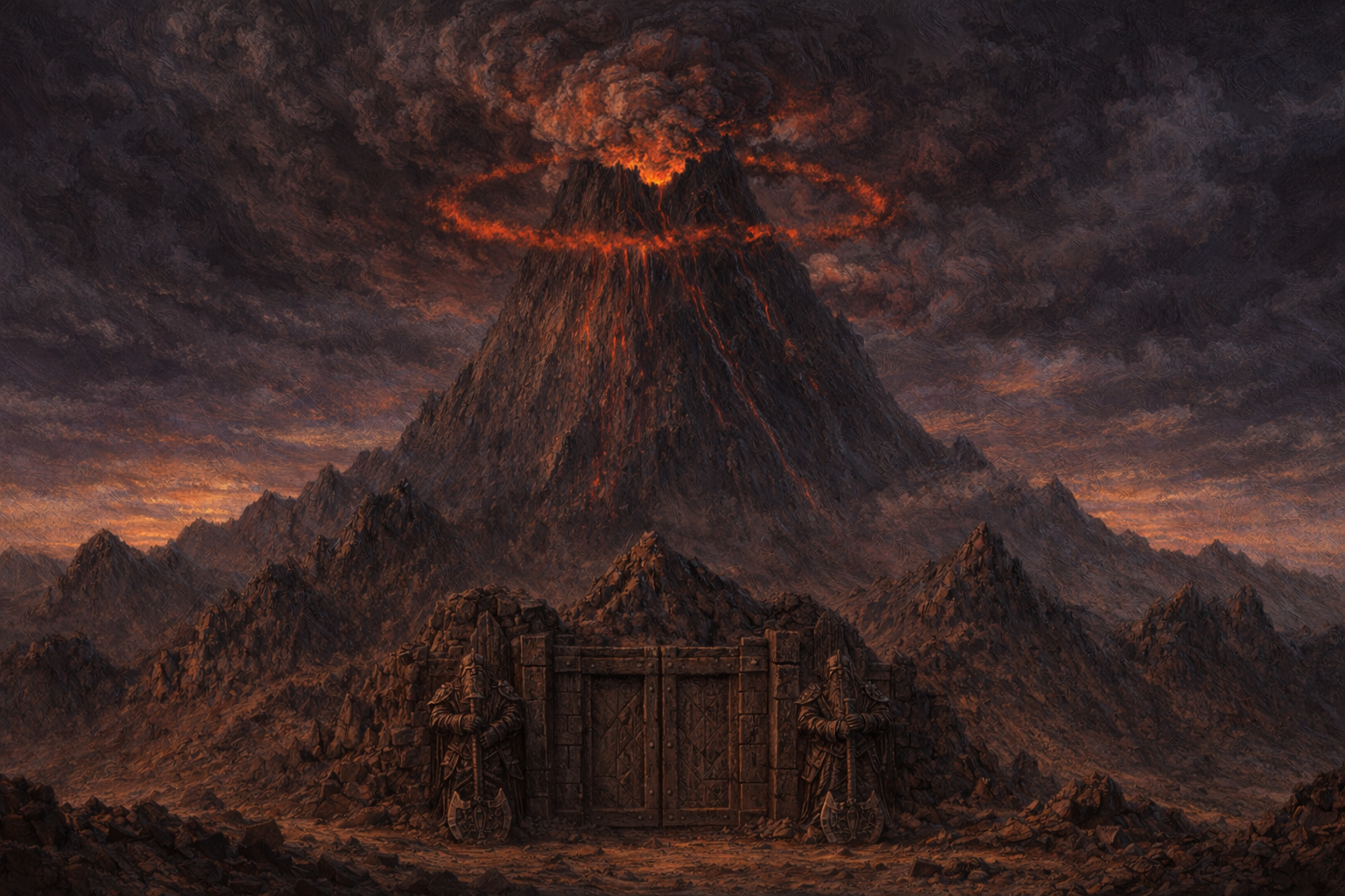 Mt Kragnor, a towering, craggy volcano erupts beneath a dark, stormy sky, framed by a glowing orange ring above stone fortress gates - Ashes the Campaign