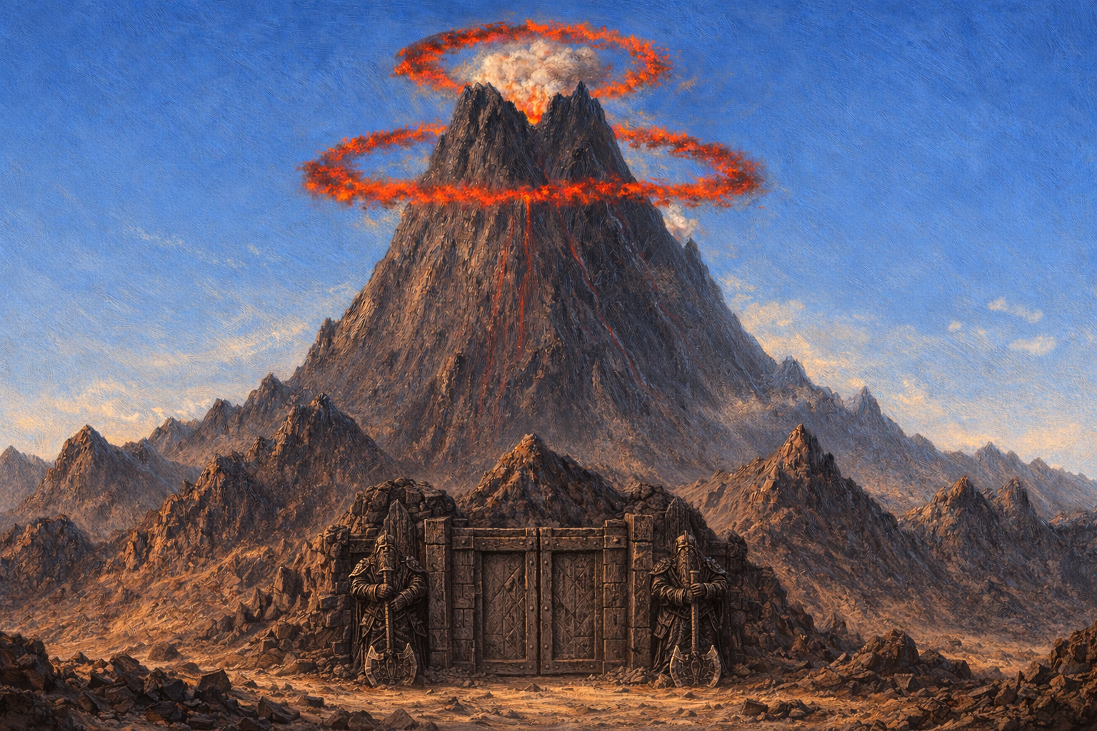 Mt Kragnor, a fantasy landscape with a stone gate guarded by two statues before a volcanic mountain wreathed in two glowing rings - Ashes the Campaign