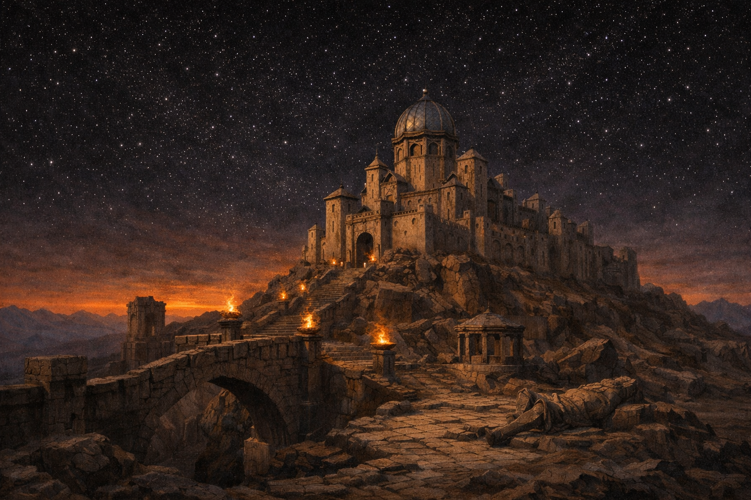The Sunspire Bastion, a stone castle sits atop a rocky hill under a starry night sky, illuminated by warm, glowing torches along a stone bridge - Ashes the Campaign