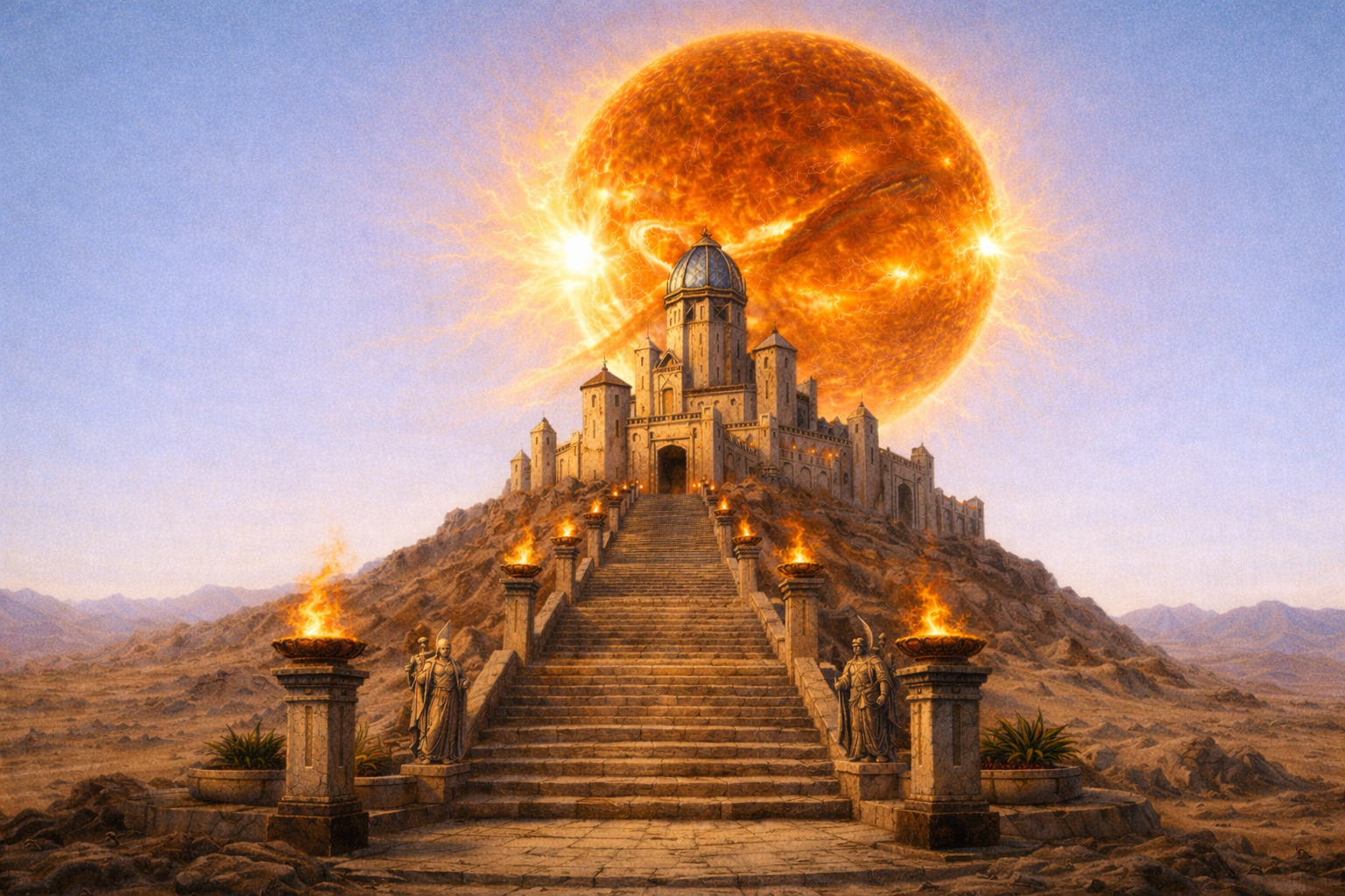 The Sunspire Bastion, a castle atop a stone staircase in a desert landscape, illuminated by a large, glowing sun in the sky - Ashes the Campaign