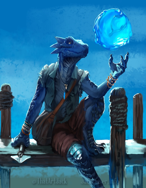 Zirik, a blue Kobold sits on a wooden dock at night, holding a glowing blue sphere above their hand - Ashes the Campaign - Art by Jack Kai