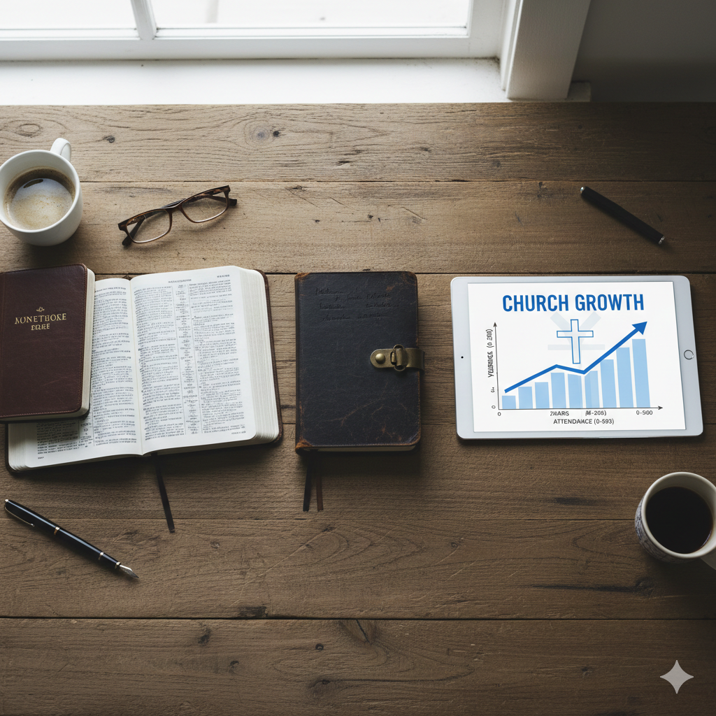 Overhead view of a wooden desk with Bible, journal, coffee cups, glasses, pens.