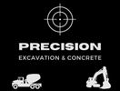 Logo for Precision Excavation & Concrete: white target above text, with icons of a cement truck and excavator.
