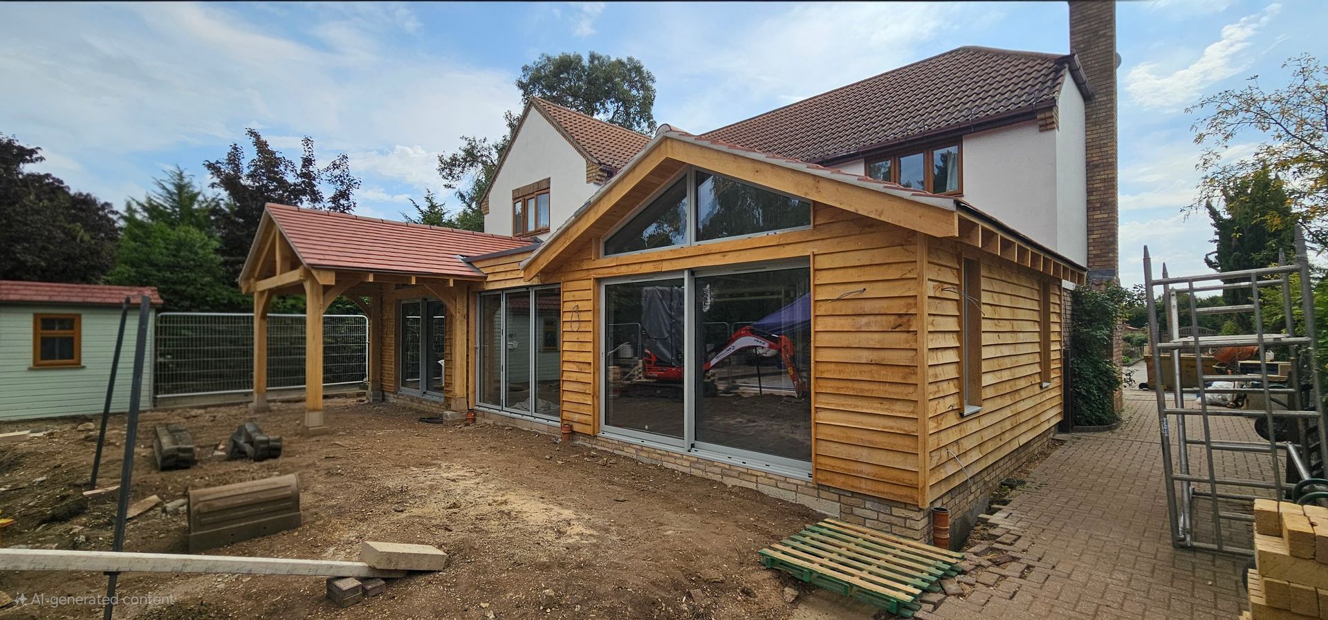 A timber frame house extension under construction featuring a wooden-clad wall, large glass sliding doors, and a tiled roof structure.