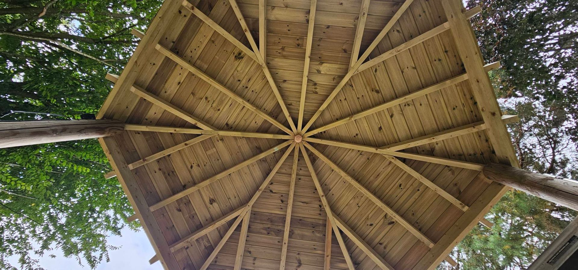 A low-angle view of the oak rafters and underside of a hexagonal gazebo roof surrounded by trees.