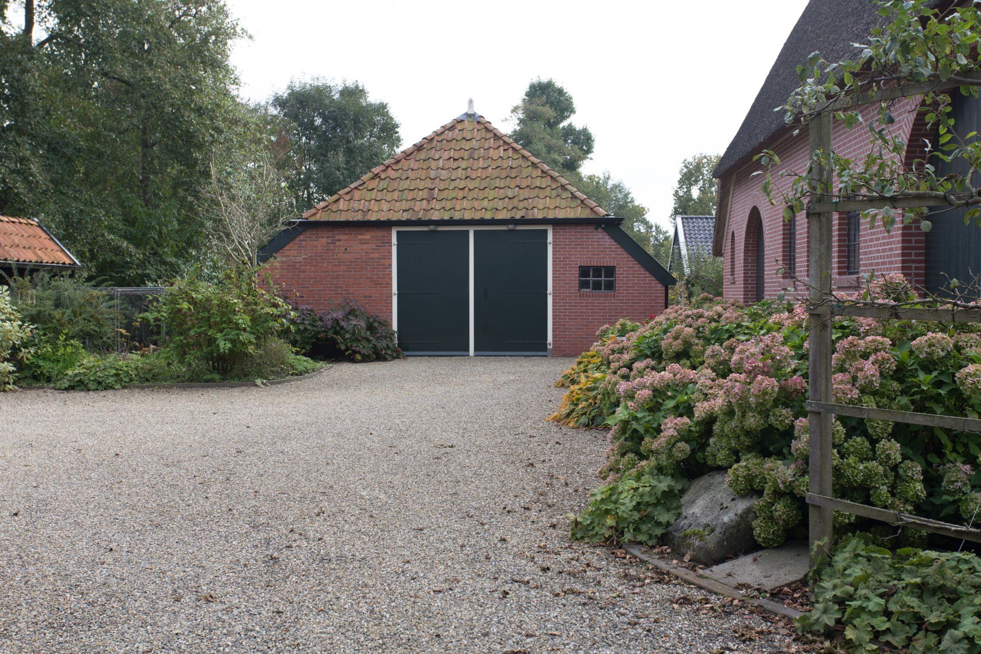 achterdeel huis met hortensia en schuur Boerderijtuin Roden KTK Kolk Tuinontwerp en Groenadvies
