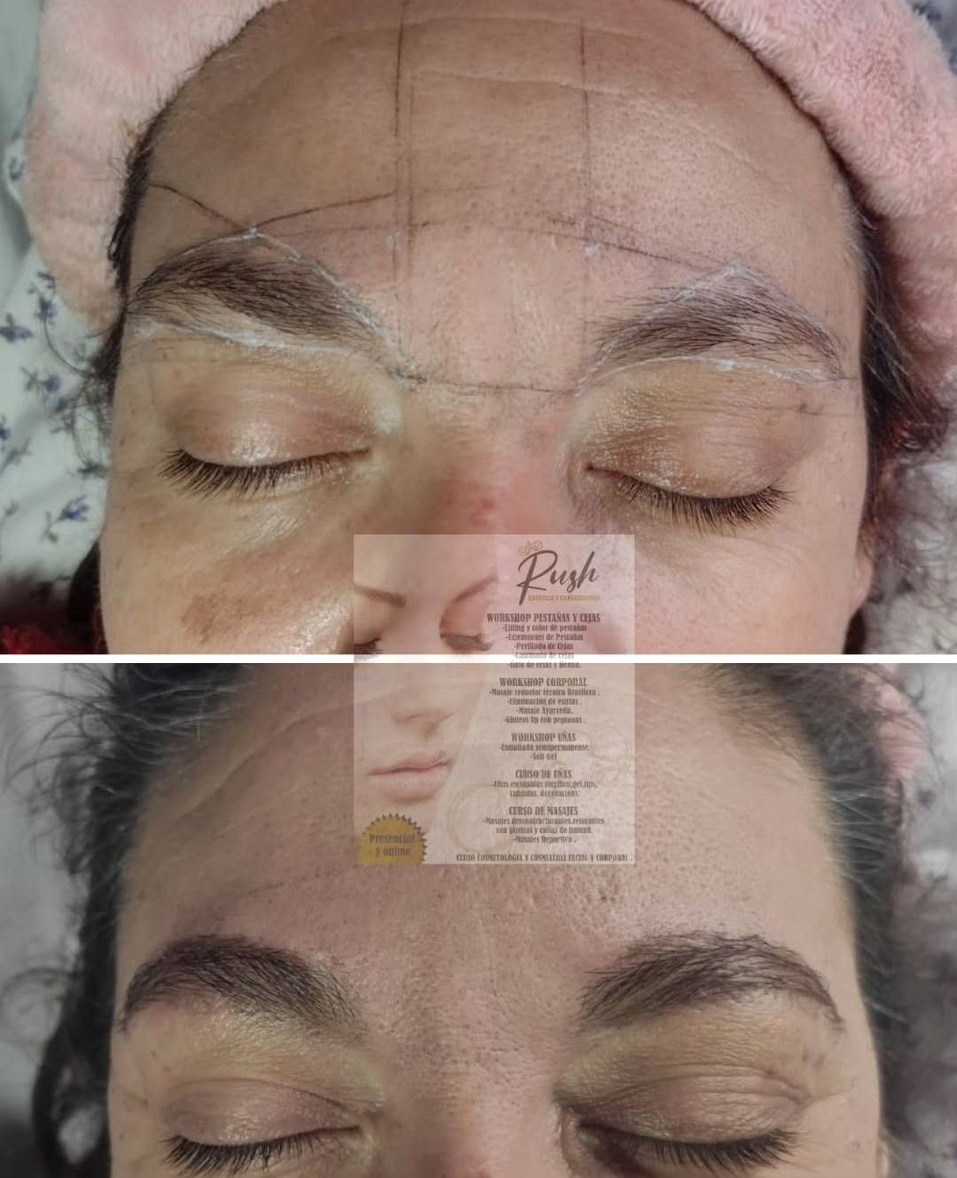 Fotos antes y después del microblading de cejas: antes tiene mapeo de cejas, después las ha rellenado, cejas marrones.