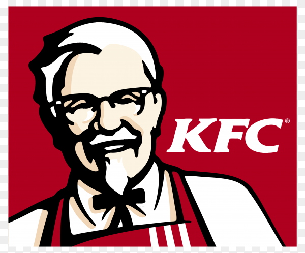 A kfc logo with a man in an apron on a red background