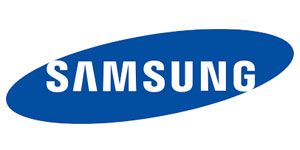 The samsung logo is blue and white on a white background.
