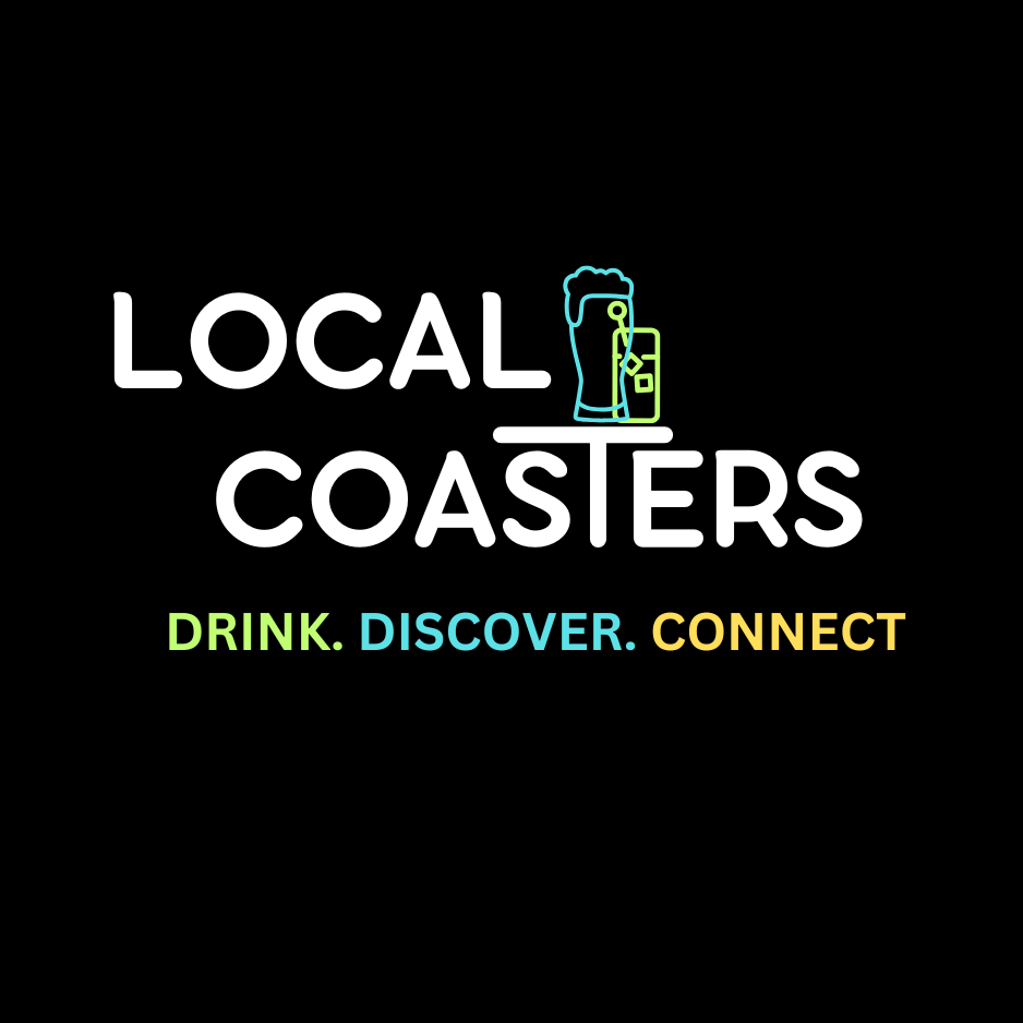 Local Coasters drink discover connect logo is on a black background.