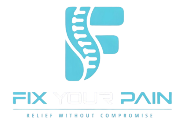 Logo: Light blue letter "F" with spine outline. Text reads "Fix Your Pain, Relief Without Compromise."