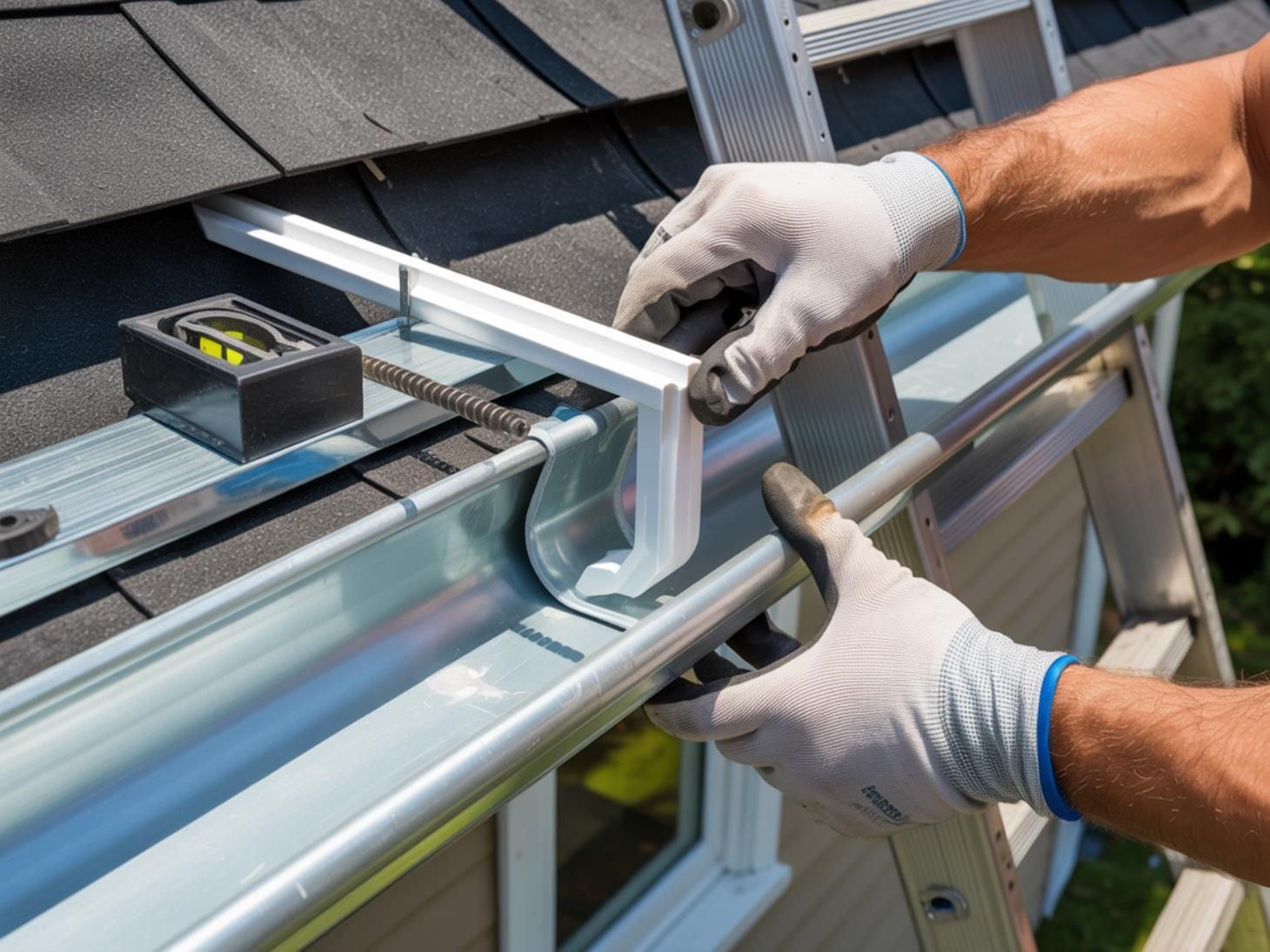 Person wearing gloves installing a white gutter corner piece on a house.
