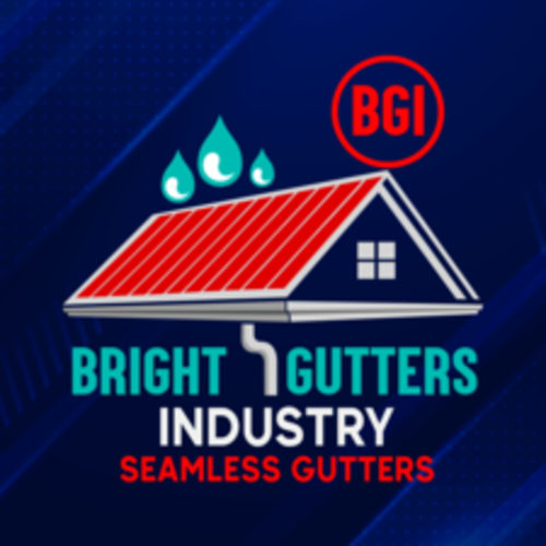 Logo for Bright Gutters Industry. Red roof, blue house, green water drops, teal text, and a red circle with "BGI."