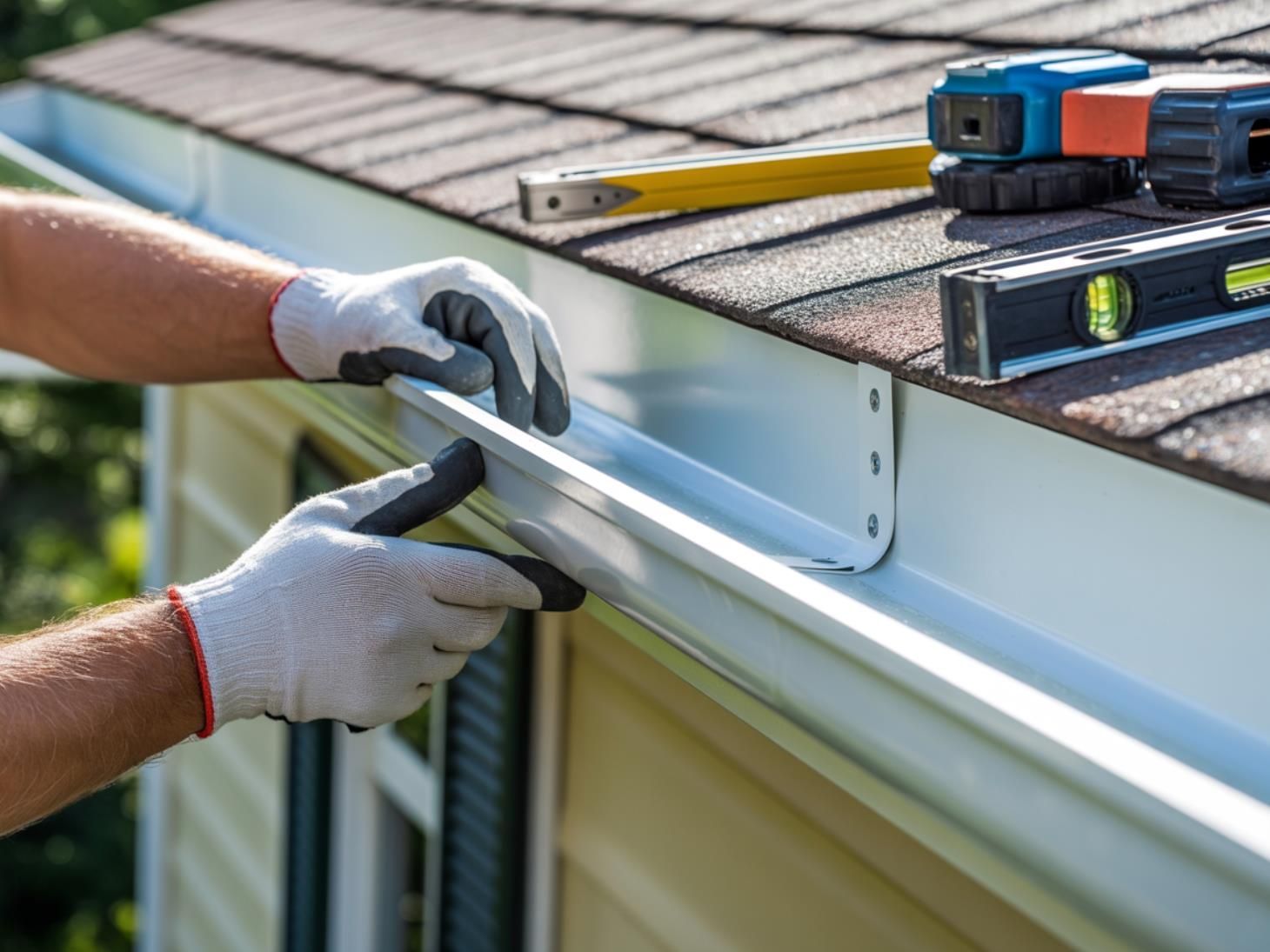 Person installing a white gutter on a house, with tools on the roof nearby.