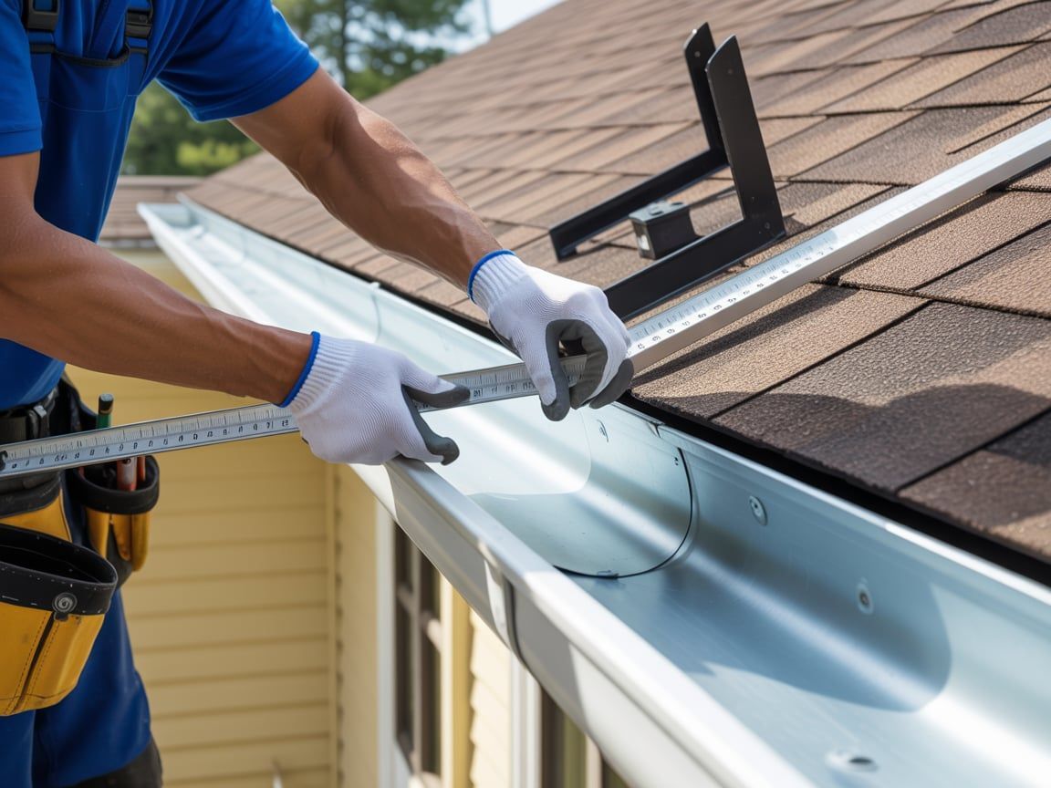 Person in blue shirt and gloves measuring gutter on a shingled roof.