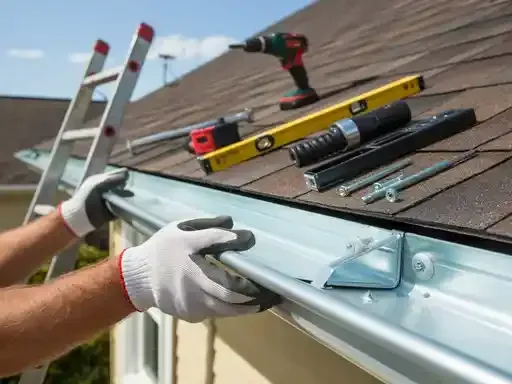 Person installing a gutter on a roof, tools visible, ladder present.