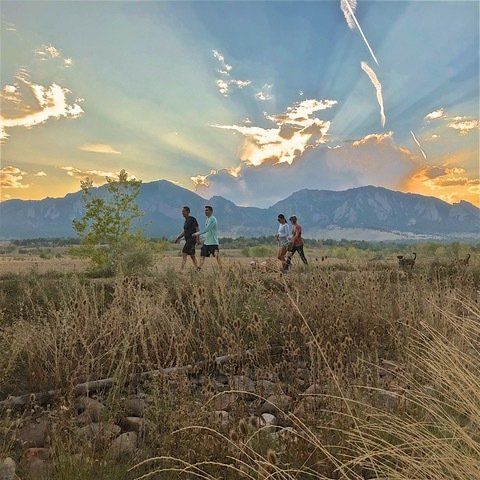 People walking through a field at sunset with mountains in the background.
