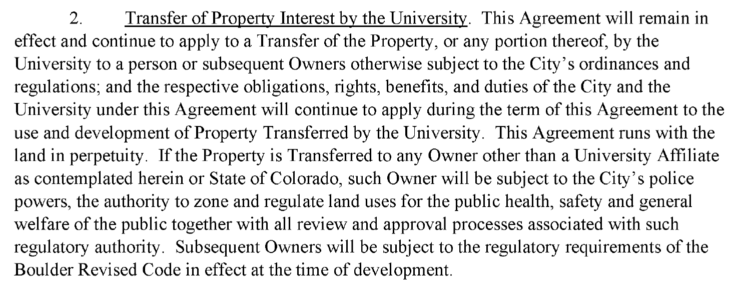 Text from a document discussing property transfer by a University, detailing ordinance and regulatory requirements.