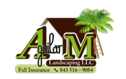 Logo for Aguilar Landscaping LLC, with a house, palm tree, and contact info.