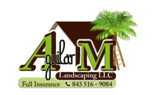 Logo for Aguilar Landscaping LLC, with a house, palm tree, and contact info.