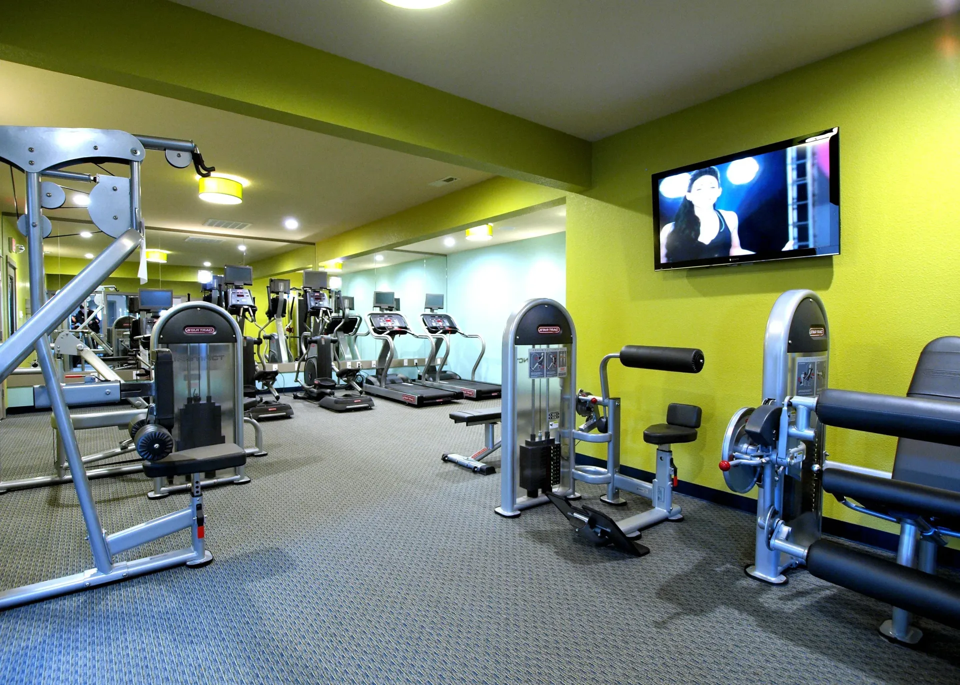 Bright gym with cardio and strength equipment against lime-green walls.