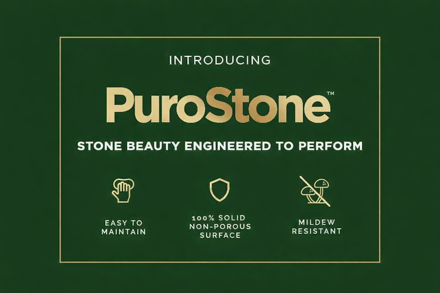 Green promotional graphic for PuroStone stone beauty surface, with gold border and durability icons.