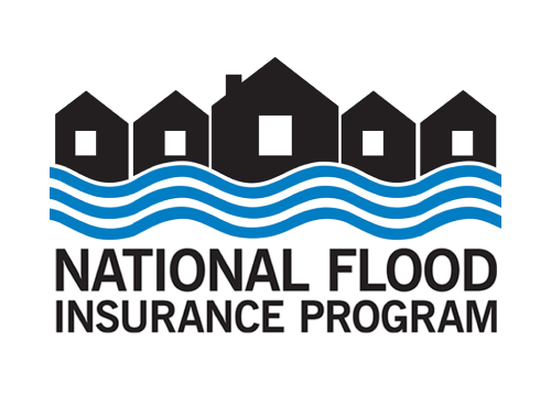 The logo for the national flood insurance program shows houses in the water.