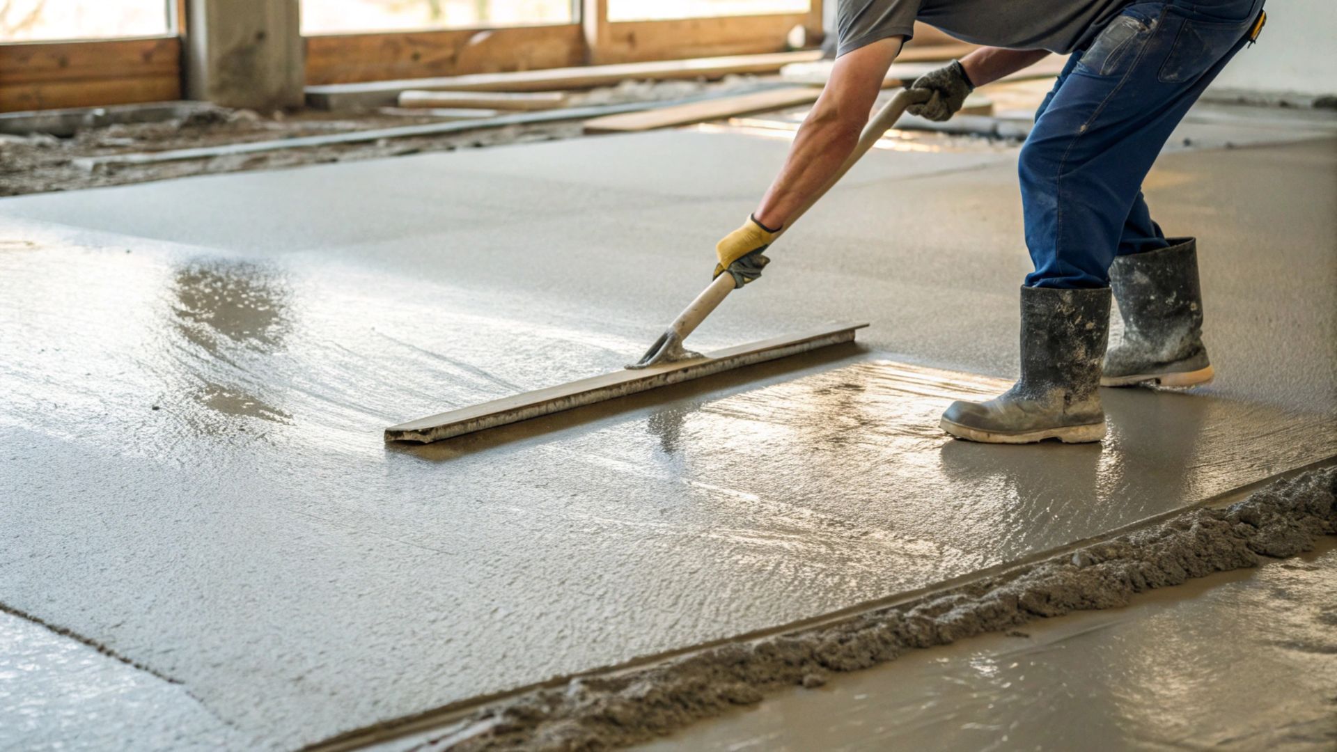 Man smoothing wet concrete floor with a screed tool.