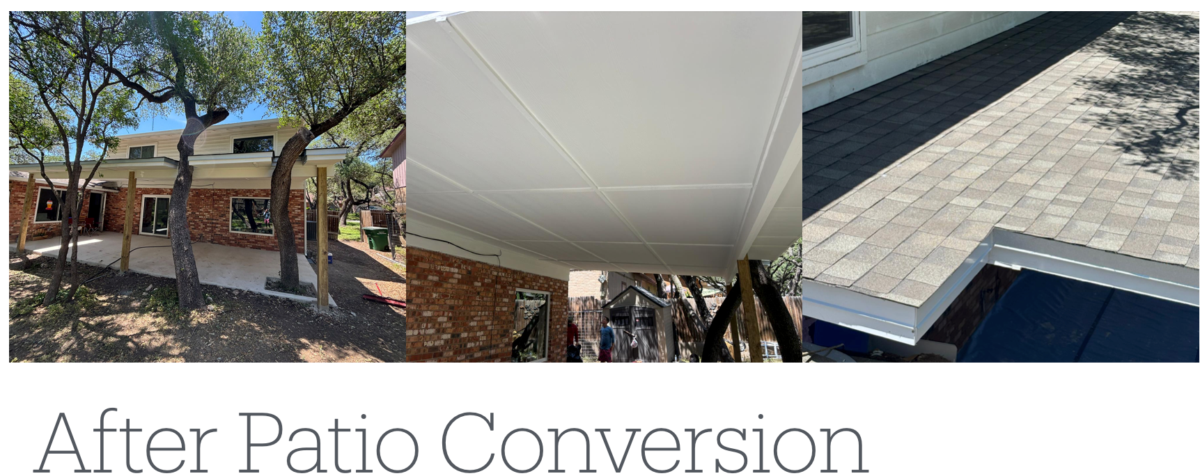 After patio conversion: house exterior, covered patio ceiling, stone patio with blue trim.
