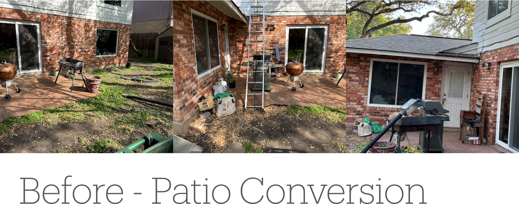 Brick exterior patio before conversion, with brick walls, sliding glass doors, and yard with grass.