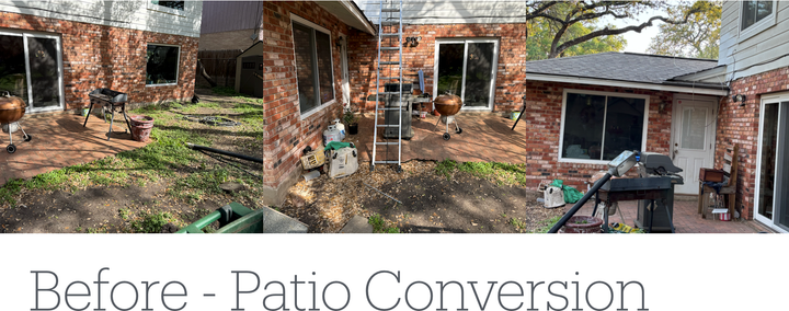 Brick exterior patio before conversion, with brick walls, sliding glass doors, and yard with grass.