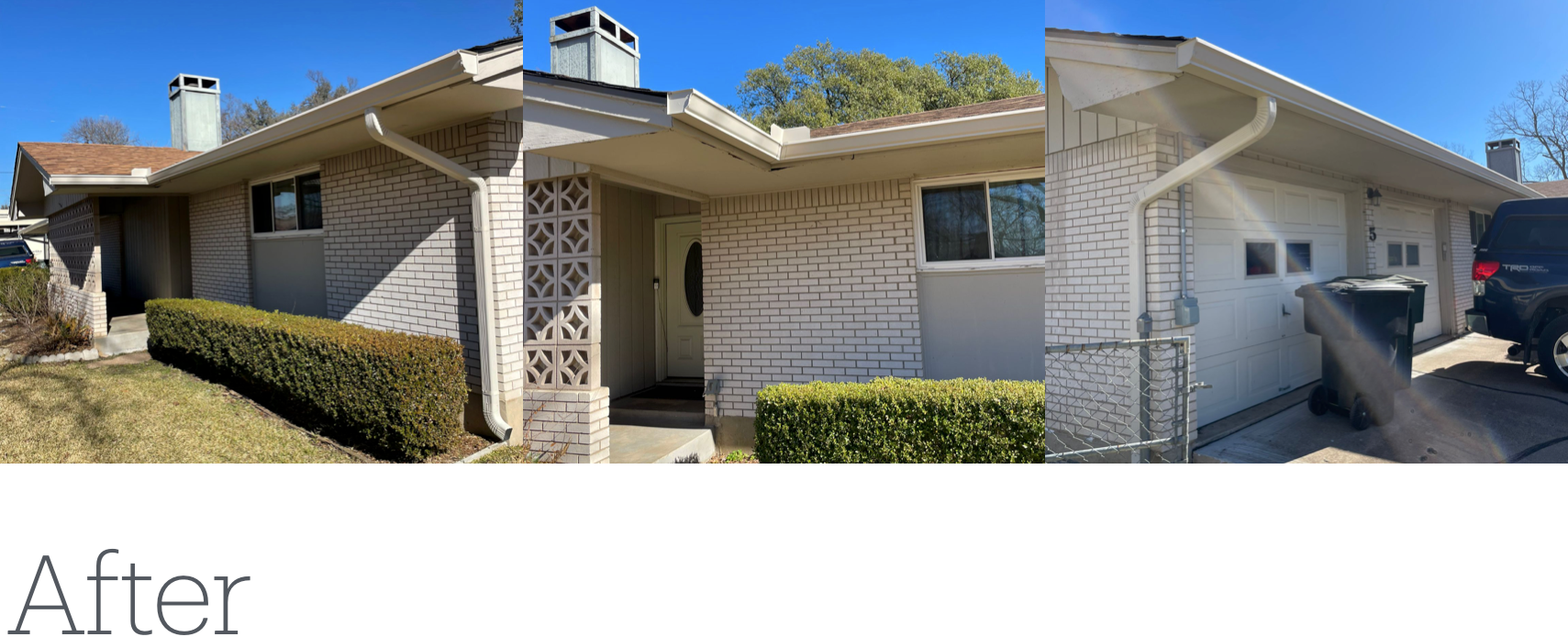 Exterior view of a house after renovations, with a white garage door, and a black vehicle.