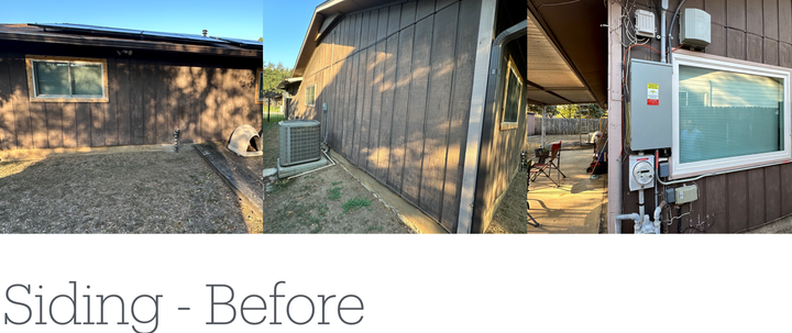 Exterior of a brown-sided building with various views of the structure, including the yard and an electrical panel.