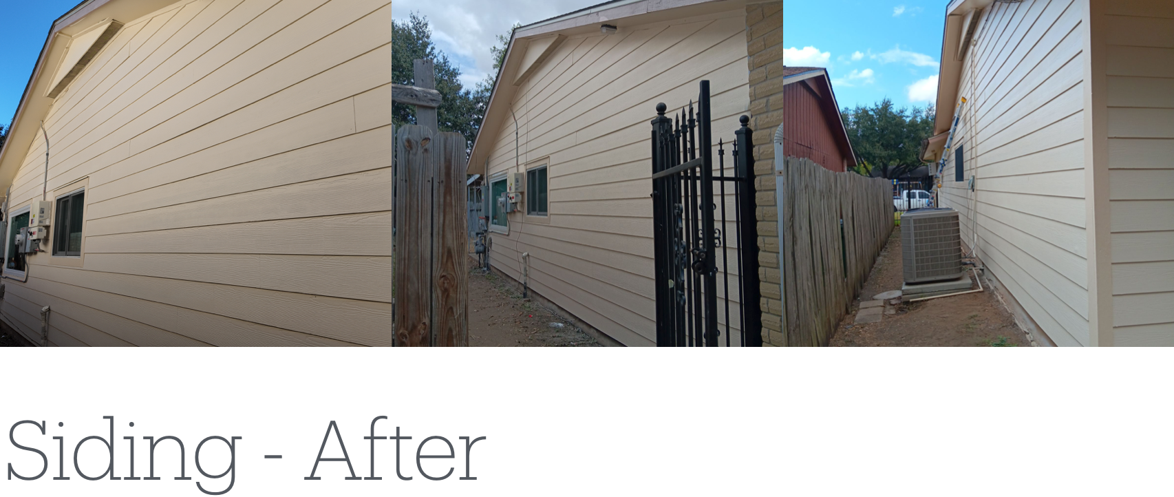 Three-part panorama showing a house with tan siding, next to a fence. Title below says 